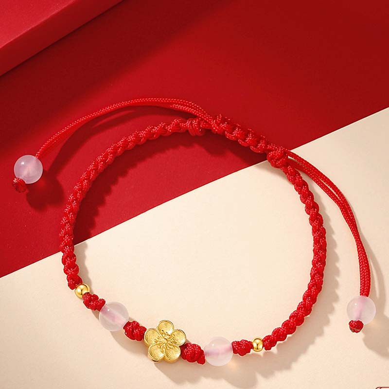 Buddha Stones Handmade 925 Sterling Silver Peach Blossom Cherry Sakura Chalcedony Bead Luck Red Rope Bracelet Bracelet BS 2