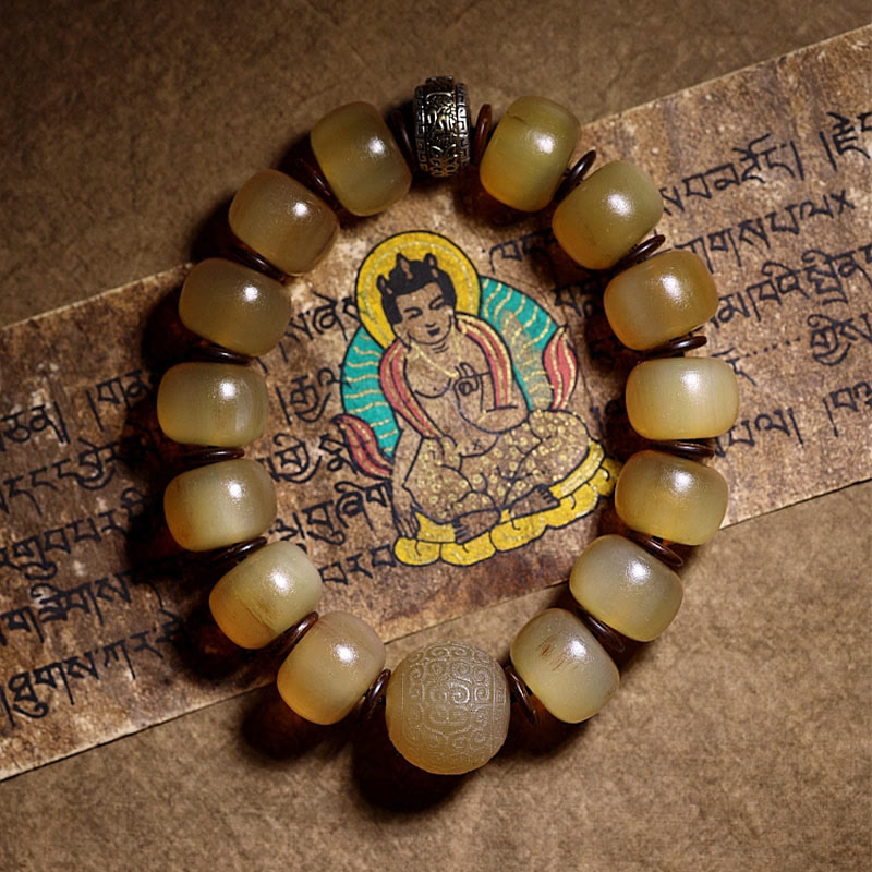Buddha Stones Handmade Tibetan Sheep Horn Om Mani Padme Hum Auspiciousness Bracelet Bracelet BS 18mm(Wrist Circumference 20cm)