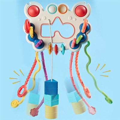Fidtoy 5-in-1 Pull String Motor Skills and Sensory Activity Toy for Babies, Crab-Shaped Silicone Pull Toy with Press Buttons, Textures, Fine Motor and Travel Play Age 0–2