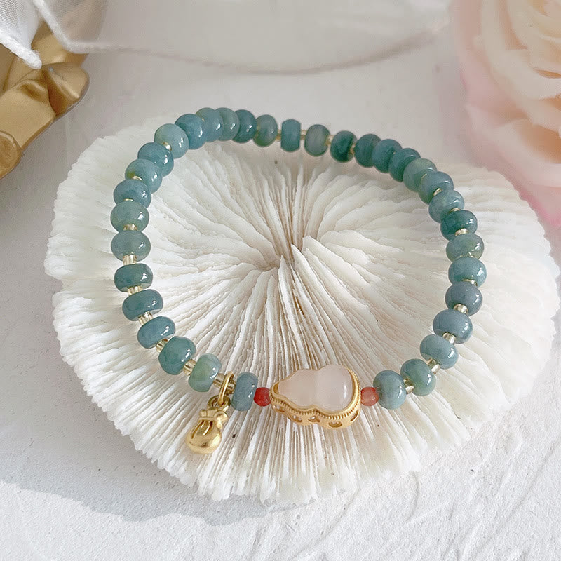 Buddha Stones Natural Hetian Jade Pearl Peace Buckle Fu Character Gourd Money Bag Strawberry Quartz PiXiu Luck Bracelet Bracelet BS Hetian Jade Gourd Money Bag