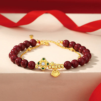Buddha Stones 925 Sterling Silver Natural Cinnabar Four Leaf Clover Flower Blessing Chain Bracelet Bracelet BS 14-15cm