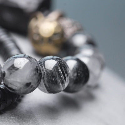Buddha Stones Black Rutilated Quartz Ebony Wood Copper Wisdom Couple Bracelet Bracelet BS 8