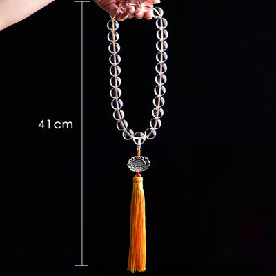 Buddha Stones Natural White Crystal Lotus Wrist Mala Meditation Tassels Pocket Mala Car Decoration Wrist Mala&Decorations BS 6