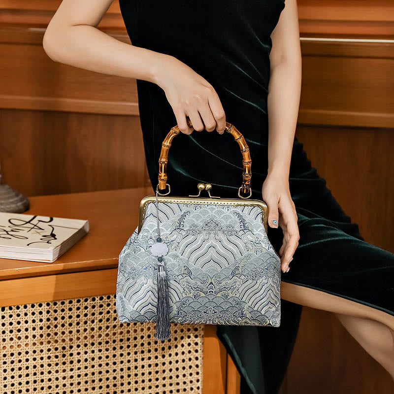 Buddha Stones Silver Lines Bamboo Handle Metal Chain Crossbody Bag Handbags Crossbody Bag&Handbags BS Silver 26*7*20cm