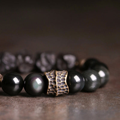 Buddha Stones Black Obsidian Ebony Wood Copper Strength Couple Bracelet - image 6