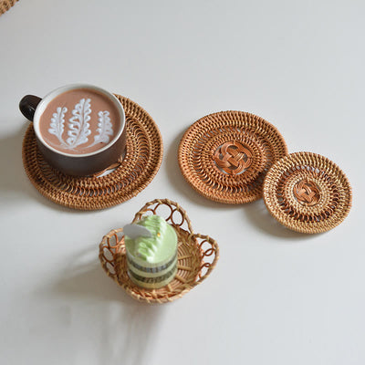 Buddha Stones Ceramic Flower Pattern Rattan Cup Mat Tea Cup Coaster Decorations BS 1