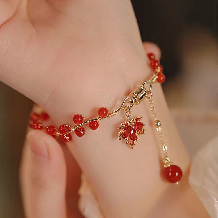 Buddha Stones Red Maple Leaf Luck Charm Bracelet Bracelet BS 8