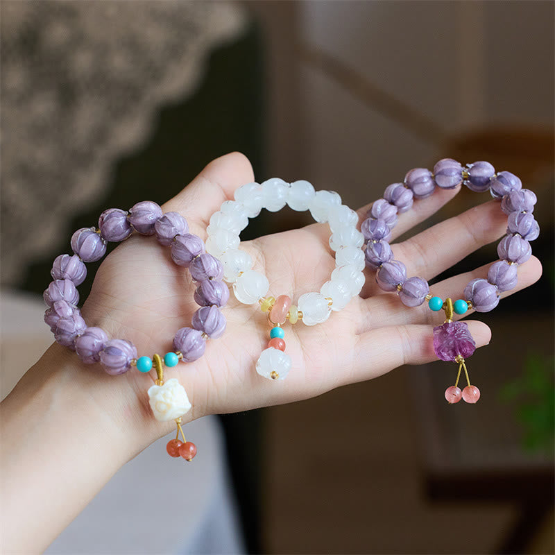 Buddha Stones Liuli Glass Bead Lotus Design Fluorite Ivory Fruit Dancing Lion Charm Enlightenment Bracelet Bracelet BS 8