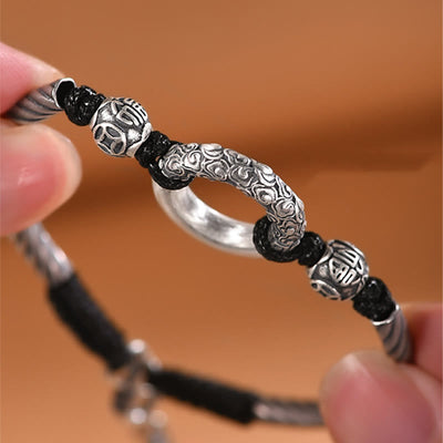 Buddha Stones 999 Sterling Silver Fu Character Peace Buckle Copper Coin Auspicious Clouds Fortune Bracelet Bracelet BS 3
