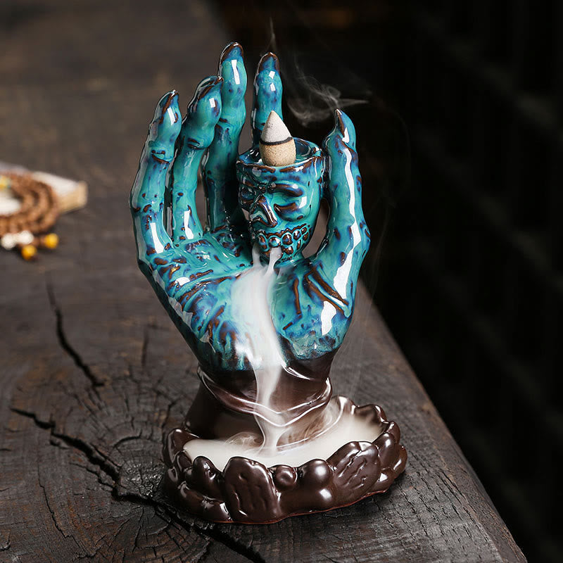 Buddha Stones Halloween Ghost Hand Skull Head Ceramic Peace Healing Incense Burner Decoration Incense Burner BS Blue 17*9.5*9.2cm