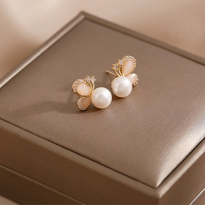 Buddha Stones 18K Gold Pearl Butterfly Love Freedom Stud Earrings Earrings BS 6