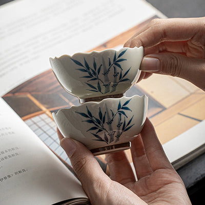 Buddha Stones Small Blue Bamboo Leaves Ceramic Teacup Kung Fu Tea Cup Bowl Cup BS 2