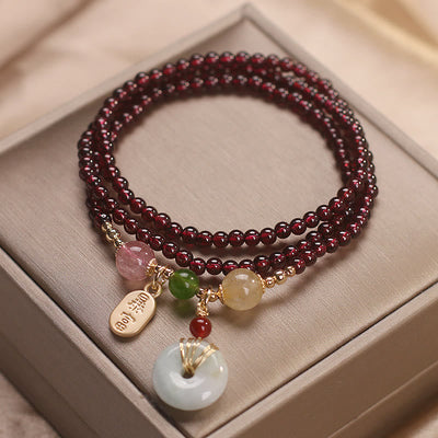 Buddha Stones Natural Garnet Strawberry Quartz Crystal Fox Koi Fish Peace Buckle Fortune Protection Triple Wrap Bracelet Bracelet BS 12