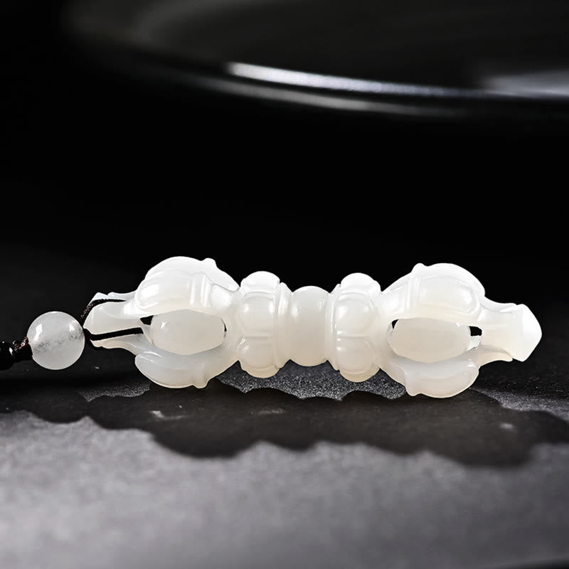 Buddha Stones Tibetan Natural Hetian Cyan Jade White Jade Dorje Vajra Engraved Success Necklace Pendant Necklaces & Pendants BS Hetian White Jade(Protection♥Happiness)