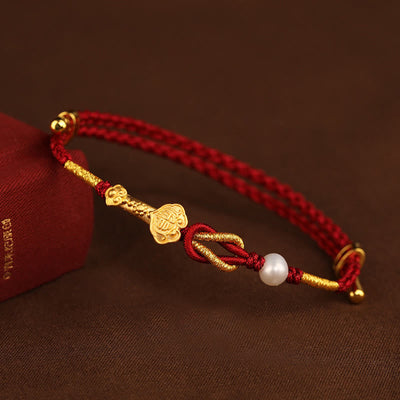 Foviel 24K Gold wünschen Ruyi Griff Fu Charakter Kaninchen Perle Glück Geflochten Armband
