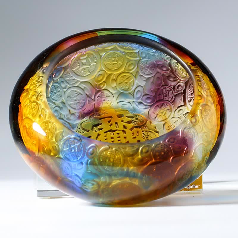 Buddha Stones Handmade Liuli Crystal Treasure Bowl Ingots Art Piece Home Decoration Decorations BS 10