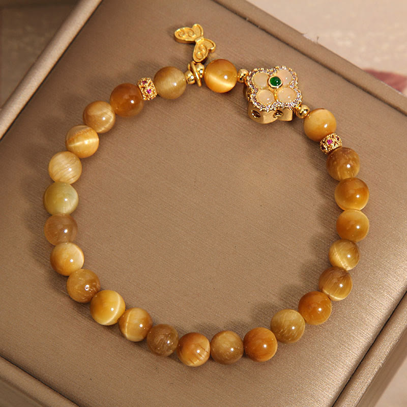 Buddha Stones Tiger Eye Four Leaf Clover Butterfly Protection Bracelet Bracelet BS 3