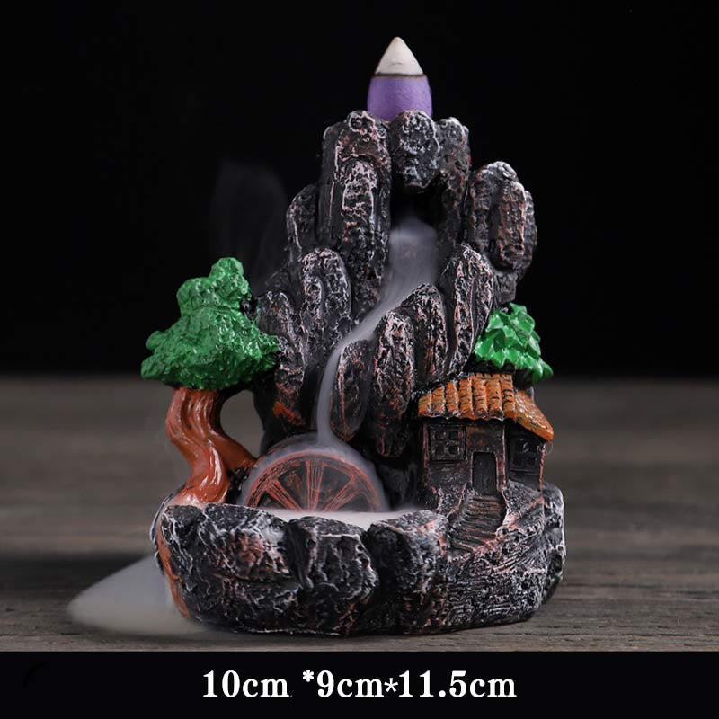 Buddha Stones Mountain Bridges Pattern Meditation Resin Backflow Incense Burner Incense Burner BS Rich Wealth 10*9*11.5cm