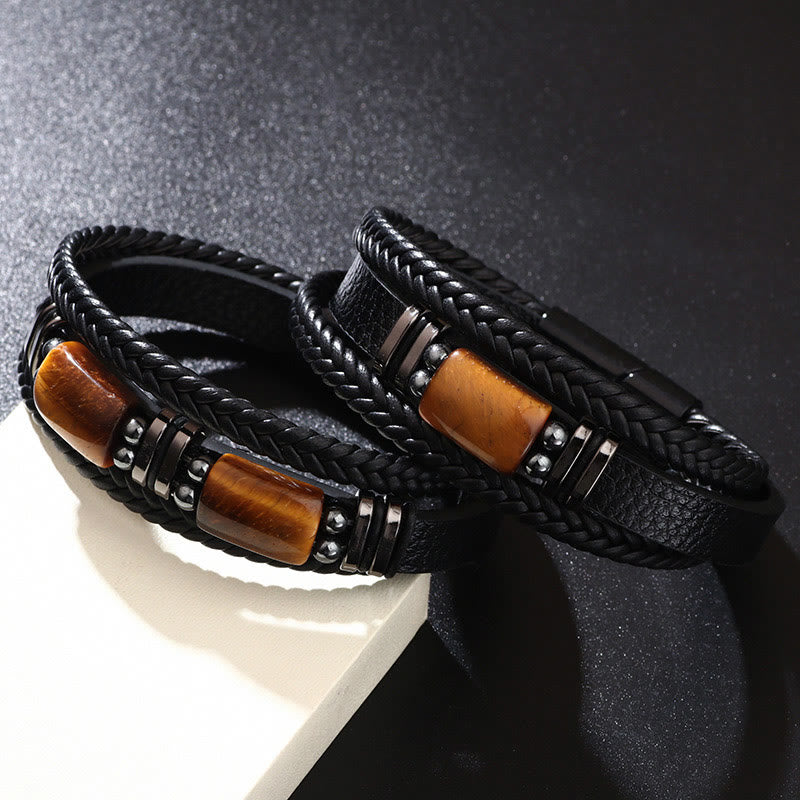 Buddha Stones Tiger Eye Power Magnetic Buckle Multilayered Leather Bracelet Bracelet BS 1