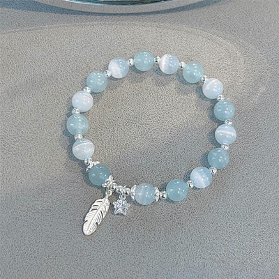 Buddha Stones 925 Sterling Silver Aquamarine Cat's Eye Healing Feather Star Charm Bracelet - image 0
