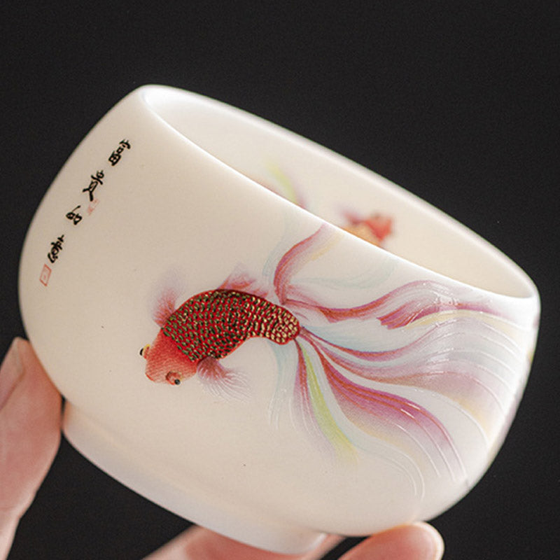 Buddha Stones Koi Fish White Porcelain Ceramic Teacup Kung Fu Tea Cup Cup BS 4