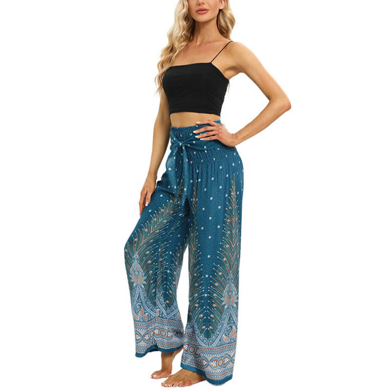 Buddha Stones Boho Peacock Feathers Lace-up Wide Leg Pants Women's Yoga Pants Women's Wide Leg Pants BS 14