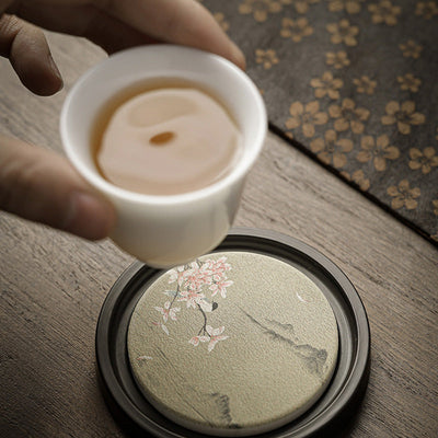 Buddha Stones Plum Blossom Peach Heart Sutra Loquat Magnolia Persimmon Ceramic Cup Mat Pad Coaster Kung Fu Tea Mat Cup Mat BS 10