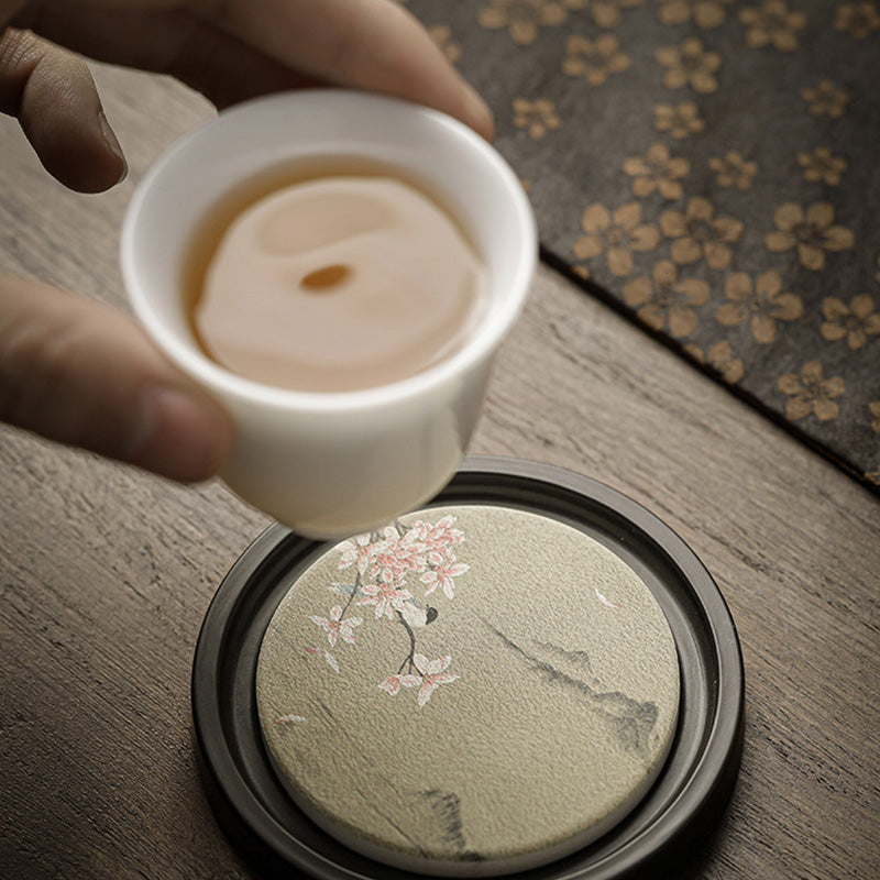 Buddha Stones Plum Blossom Peach Heart Sutra Loquat Magnolia Persimmon Ceramic Cup Mat Pad Coaster Kung Fu Tea Mat Cup Mat BS 10