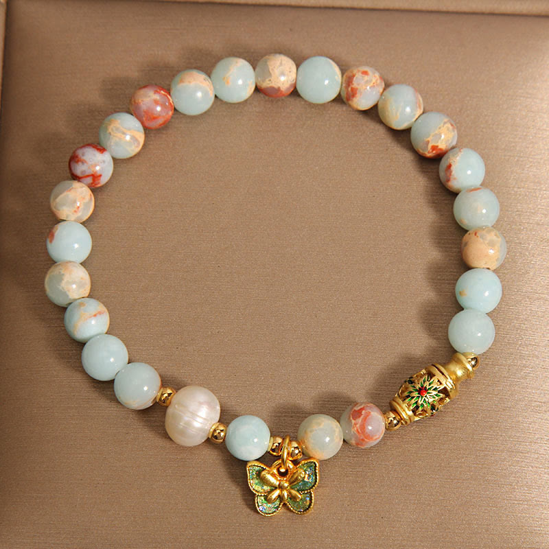 Buddha Stones Shoushan Stone Pearl Butterfly Wealth Bracelet Bracelet BS 5