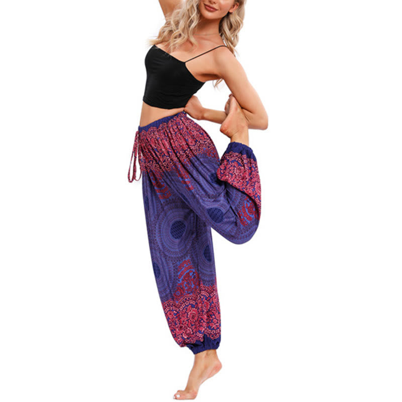 Buddha Stones Loose Circle-shaped Flowers Pattern Harem Trousers Women's Yoga Pants Women's Harem Pants BS 14