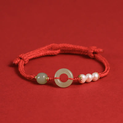 Buddha Stones Natural Hetian Jade Pearl Peace Buckle Luck Bracelet - Red - image 10
