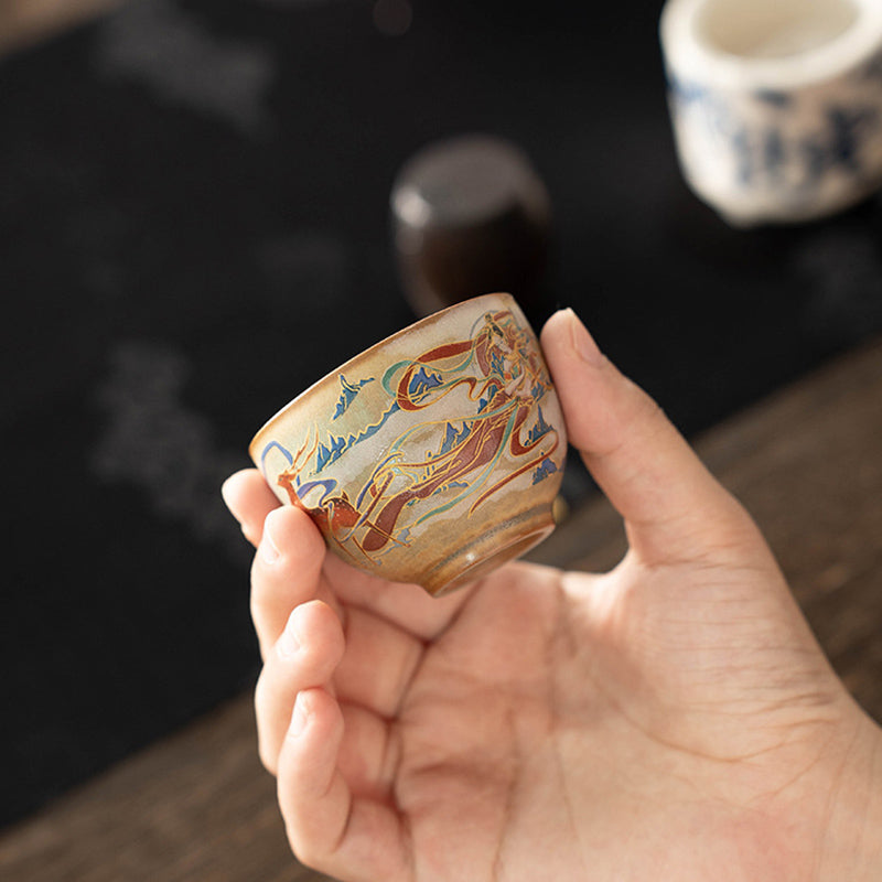 Buddha Stones Dunhuang Flying Apsaras Ceramic Gaiwan Sancai Teacup Kung Fu Tea Cup With Lid Cup BS 21