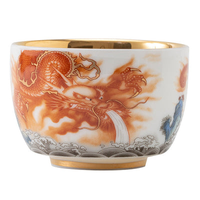Buddha Stones Dragon Phoenix Crane Sun Ocean Waves Gilt Ceramic Teacup Kung Fu Tea Cup 170ml Cup BS 9