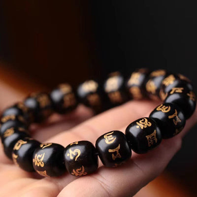 Buddha Stones Tibetan Ebony Wood Om Mani Padme Hum Engraved Peace Bracelet Bracelet BS 2