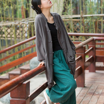 Buddha Stones Frog-Button Long Sleeve Zen Meditation Open Front Jacket With Pockets 23