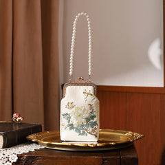 Buddha Stones Small Flowers Butterfly Embroidered Pearl Metal Chain Shoulder Bag Crossbody Handbag Cellphone Bag Crossbody Bag BS 14*5*18.5cm