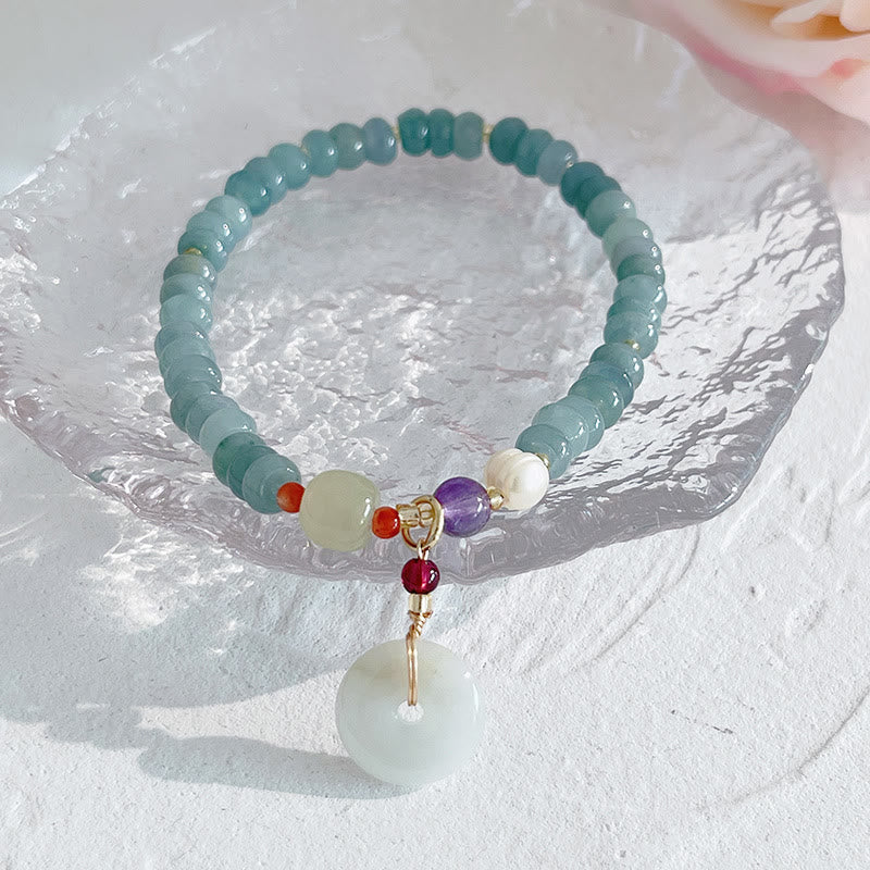 Buddha Stones Natural Hetian Jade Pearl Peace Buckle Fu Character Gourd Money Bag Strawberry Quartz PiXiu Luck Bracelet Bracelet BS 10