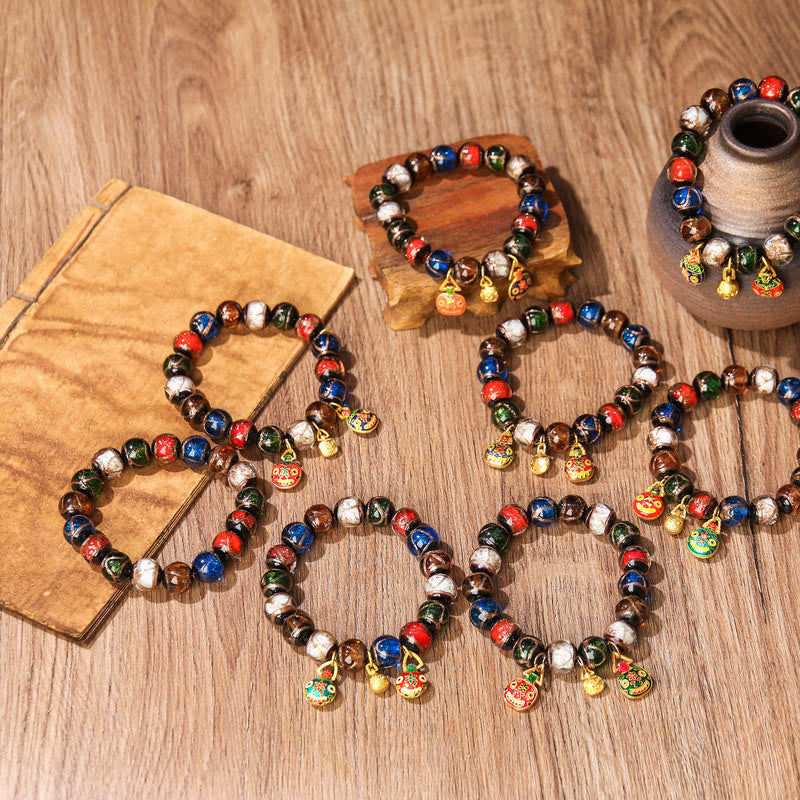 Buddha Stones Five Elements Gold Swallowing Beast Family Charm Liuli Glass Bead Luck Bracelet Bracelet BS 10
