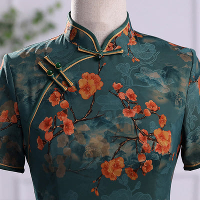 Buddha Stones Retro Flower Lotus Peony Feather Print Qipao Dress Women's Cheongsam Dress - image 4