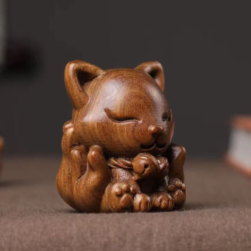 Buddha Stones Mini Nine-Tailed Fox Ivory Fruit Sandalwood Green Sandalwood Blessing Decoration Decorations BS 12