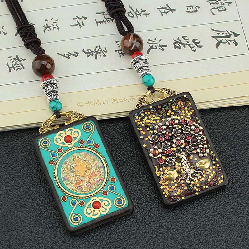 Buddha Stones Tibet God Of Wealth Money Tree Golden Phoenix Thangka Ebony Peace Necklace Pendant Necklaces & Pendants BS 1