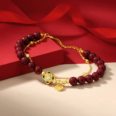Buddha Stones 925 Sterling Silver Natural Cinnabar Four Leaf Clover Flower Blessing Chain Bracelet Bracelet BS 2