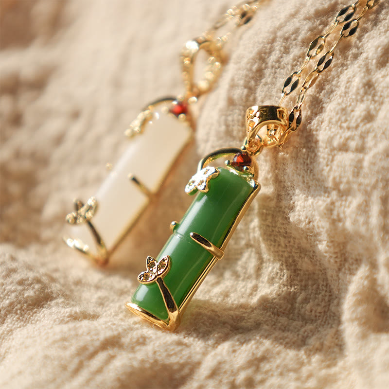 Buddha Stones White Jade Cyan Jade Bamboo Luck Protection Necklace Pendant Necklaces & Pendants BS 1