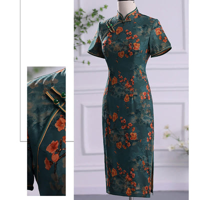 Buddha Stones Retro Flower Lotus Peony Feather Print Qipao Dress Women's Cheongsam Dress - image 11