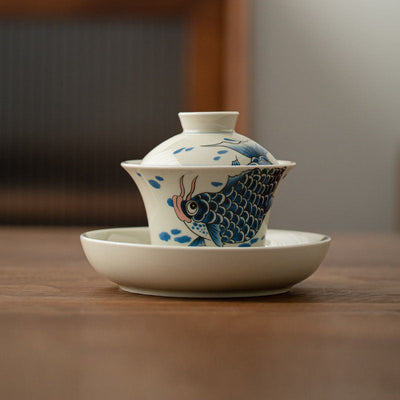 Buddha Stones Koi Fish Arowana Ceramic Gaiwan Sancai Teacup Kung Fu Tea Cup With Lid 130ml Cup BS Blue Koi Fish Gaiwan Teacup 13.5cm*9.7cm*130ml