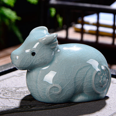 Buddha Stones Chinese Zodiac Wealth Ceramic Tea Pet Home Figurine Decoration Decorations BS Ox 7.5cm*5cm*5.5cm