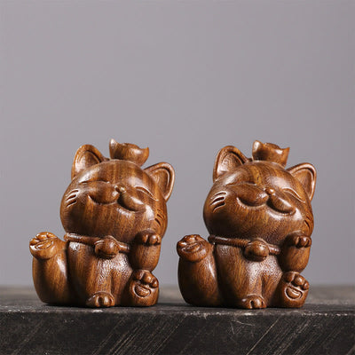 Buddha Stones Mini Green Sandalwood Ingot Lucky Cat Carved Peace Desk Decorations Decorations BS 10