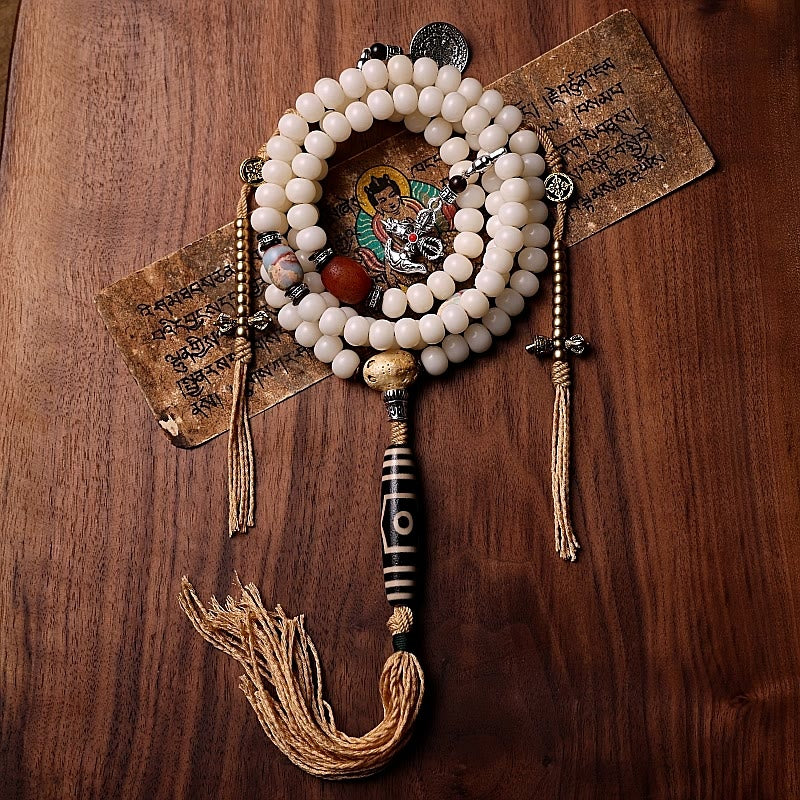 Buddha Stones Tibet 108 Mala Beads Bodhi Seed Bagua Vajra Dzi Bead Gray Agate Wealth Bracelet Mala Bracelet BS Bodhi Seed&Dzi Bead 11mm