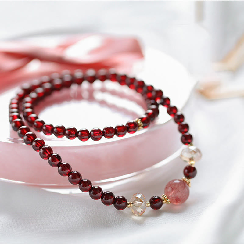 Buddha Stones 14K Gold Plated Natural Garnet Strawberry Quartz Stability Double Wrap Bracelet Bracelet BS Garnet(Purification♥Protection)