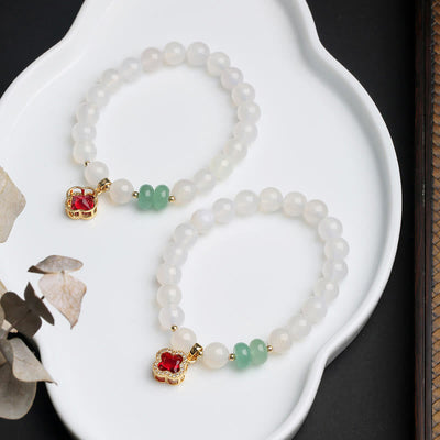 Buddha Stones Natural White Agate Red Agate Money Bag Fu Character Four Leaf Clover Protection Bracelet Bracelet BS 9